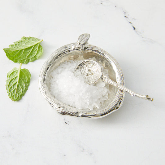 pewter salt dish with nest spoon