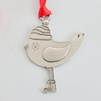 pewter chicky in boot ornament, bird ornaments