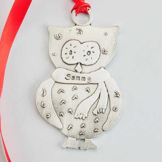 pewter owl with scarf ornament personalized, bird ornaments 
